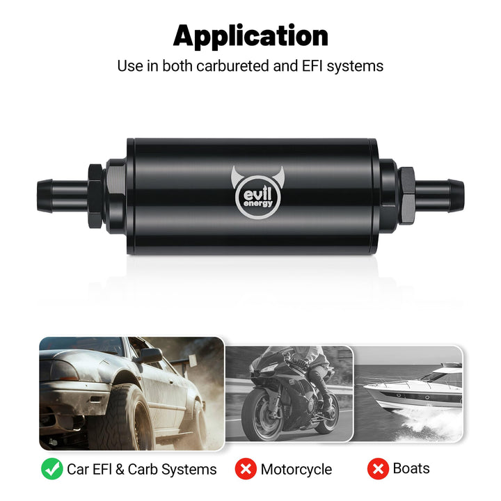 Evil Energy Universal Inline Fuel Filter - 10/30/40/100 Micron Stainless Steel Element w/1/2", 3/8", 5/16" Barb Adapters (Gas/Diesel Compatible) - Aluminum Black - EVILENERGY