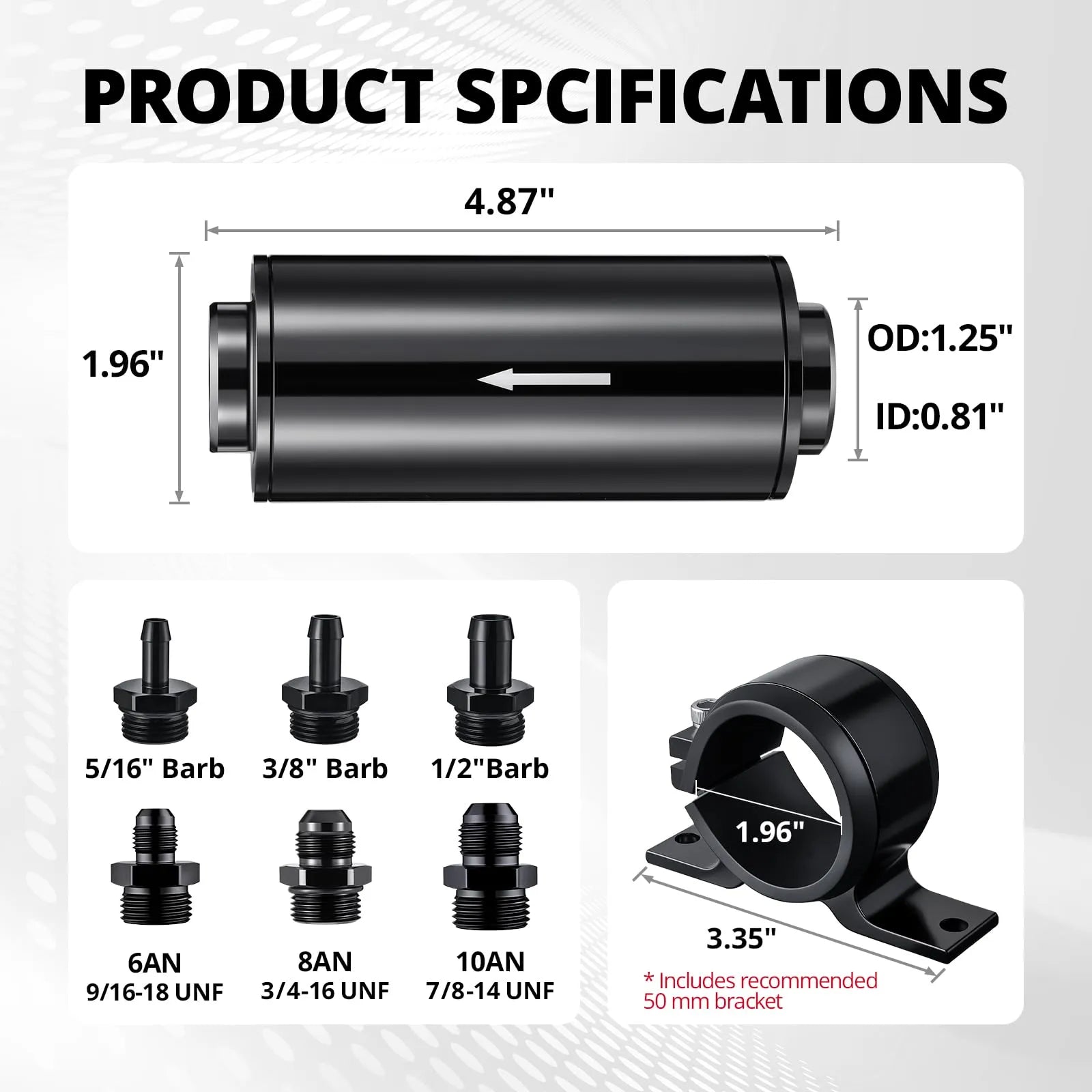 EVIL ENERGY 10 Micron All-In-One Fuel Filter Kit with 6AN, 8AN, 10AN, 1/2-inch, 3/8-inch, 5/16-inch Barb Adapters, Universal Aluminum w/Extra Replacement Filter Element & 50MM Mounting Bracket