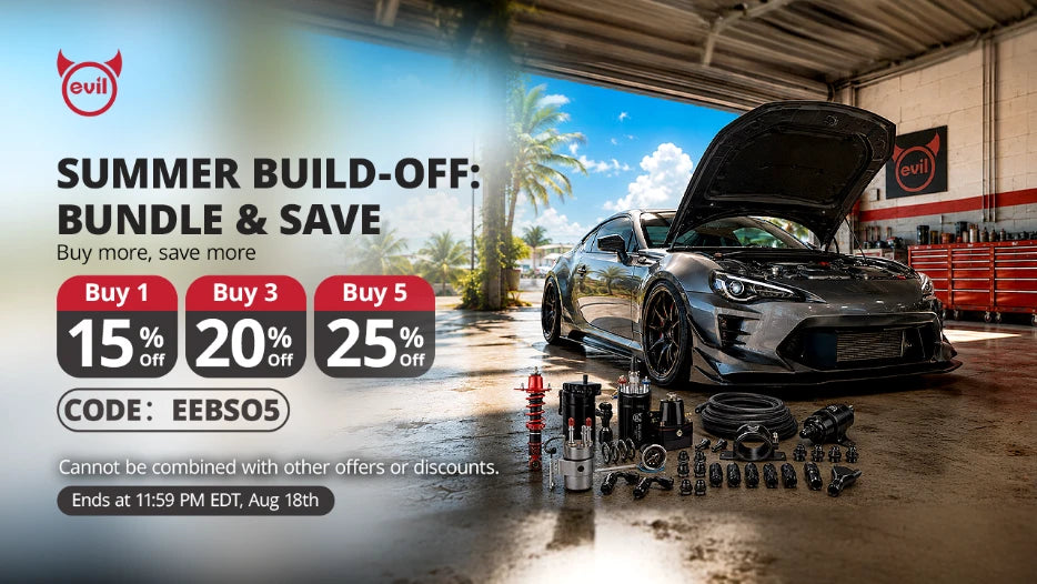 Evil Energy Summer Build‑Off sale banner, modified GT86 with open hood, performance fuel suspension AN fittings, garage workshop, 15‑25% off coupon EEBS05
